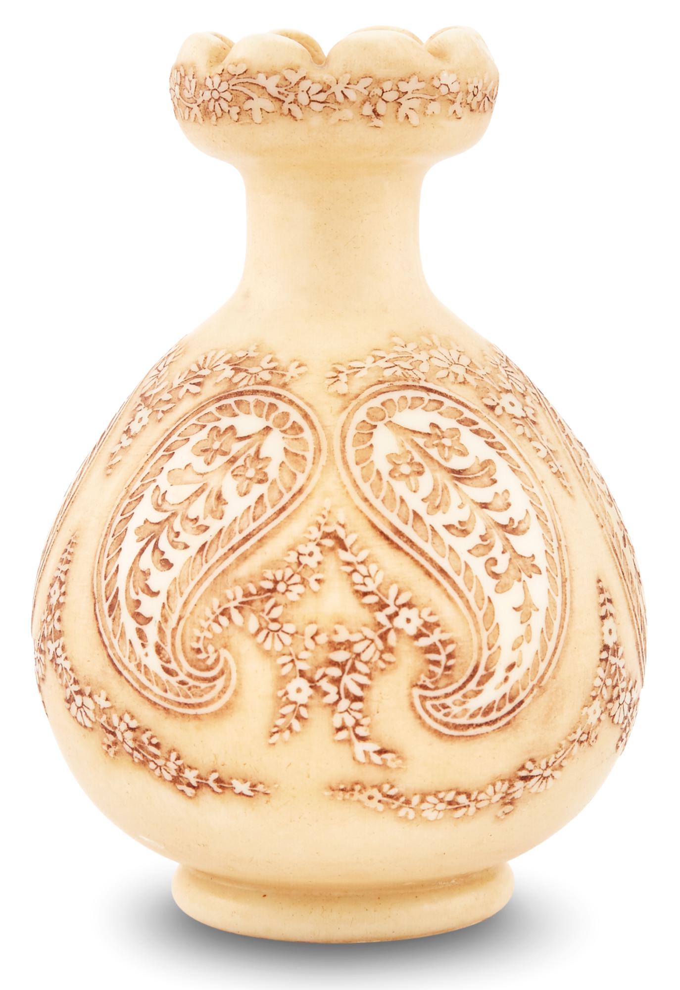 Thomas Webb & Sons Acid-Etched Old Ivory Glass Cabinet Vase: Thomas Webb & Sons Acid-Etched Old Ivory Glass Cabinet Vase Circa 1895-100 Of bulbous form with a short straight neck and blossom-form mouth with a notched rim, stained in ivory coloration, decorated