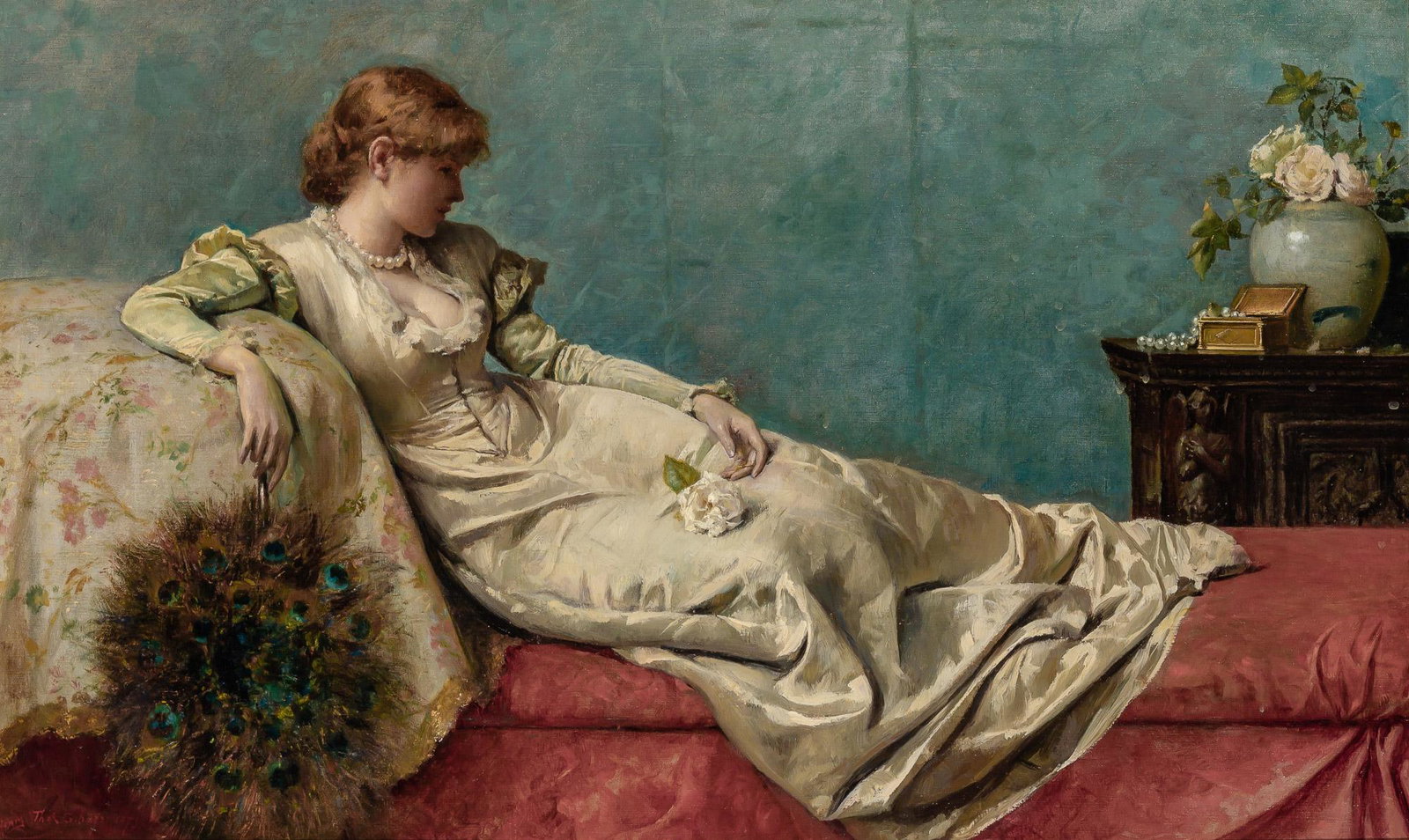 Henry Thomas Schafer British, 1854-1915 Woman in Repose, 1879: Henry Thomas Schafer British, 1854-1915 Woman in Repose, 1879 Signed and dated Henry Thos. Schafer 1879 (ll) Oil on canvas 19 1/8 x 31 1/2 inches (48.5 x 80 cm) Provenance: Haynes Fine Art of Broadway