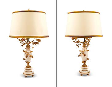 Pair of Louis XV/XVI Style Gilt-Bronze Mounted Marble Three Light Candelabra Mounted as Lamps (1 of 7)