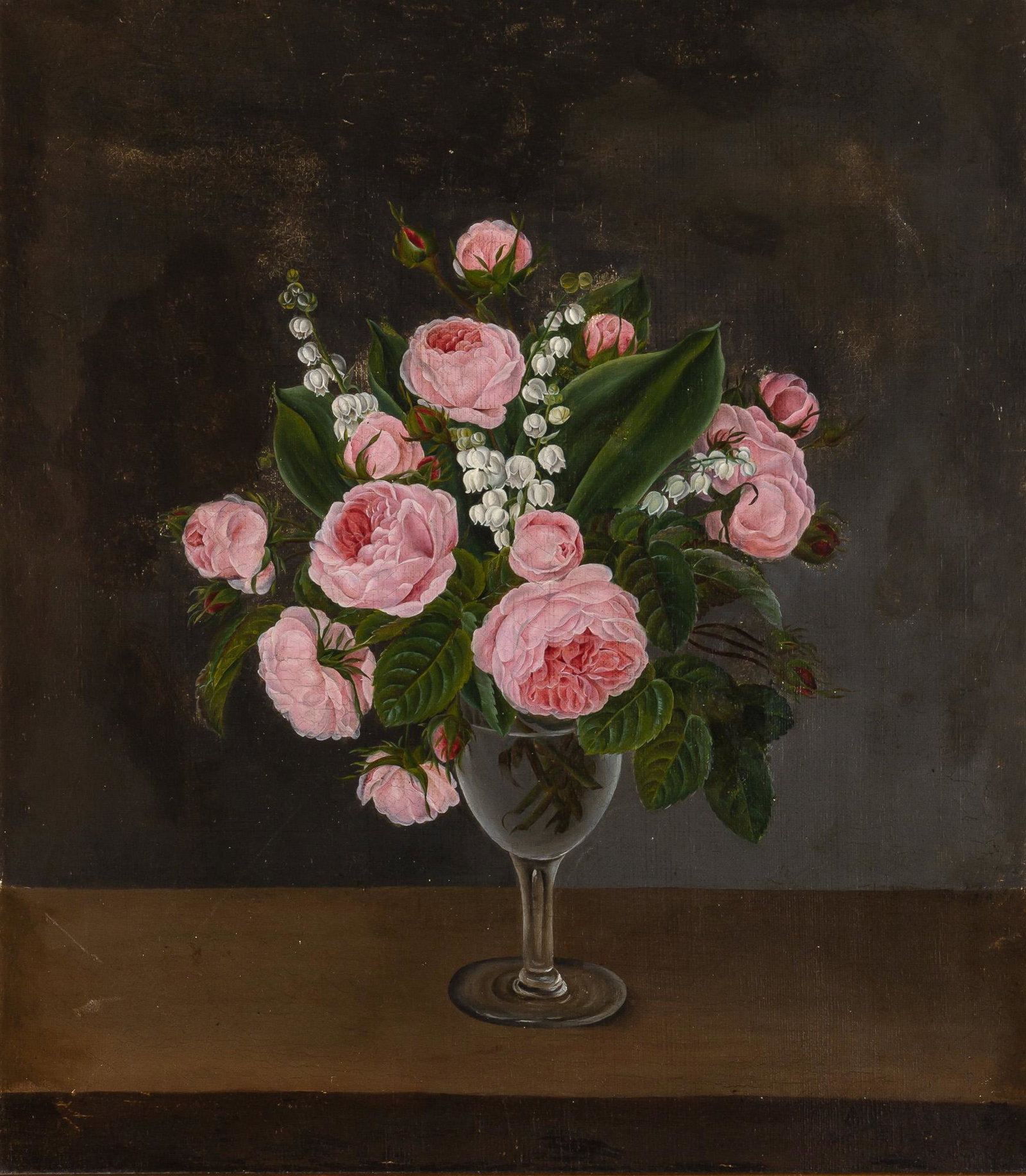 American School Late 19th Century Roses and Lily of the Valley in a Glass: American School Late 19th Century Roses and Lily of the Valley in a Glass Oil on canvas 18 1/8 x 16 inches (46 x 40.7 cm) C The Estate of Elizabeth Bailey, Reston, Virginia