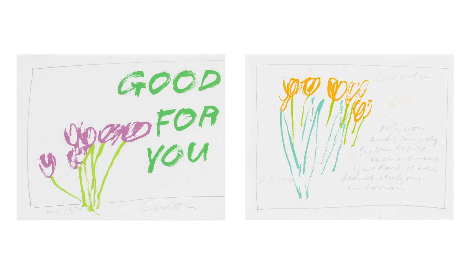 Corita Kent GOOD FOR YOU; ONLY YOU AND I CAN HELP THE SUN TO RISE EACH MORNING Two color (1 of 6)