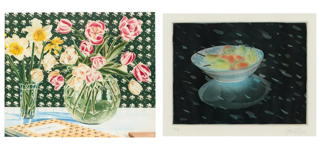 Carolyn Brady GREEN WALLPAPER, TULIPS AND DAFFODILS Color aquatint, framed; t/w Jose Guyer Salles (1 of 8)
