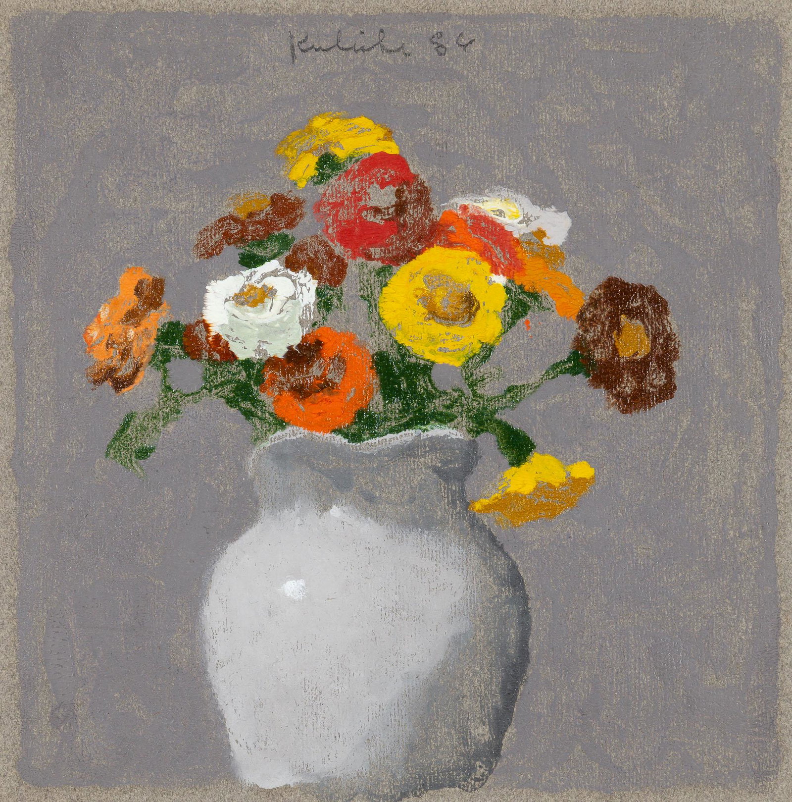 Robert Moore Kulicke ZINNIAS IN A WHITE VASE Color monotype, framed (1 of 3)