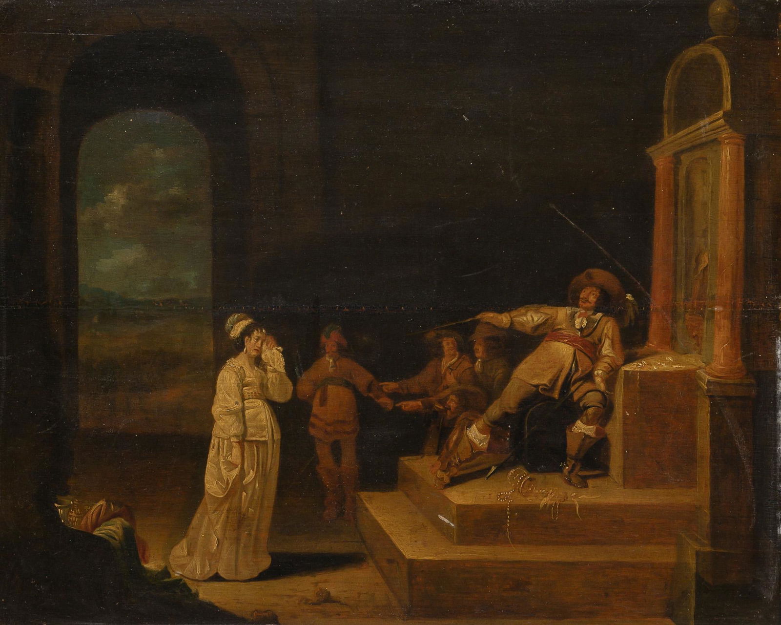 Dutch School 17th-18th Century The Taming of the Shrew Oil on panel 16 x 20 1/4 inches (40.7 x 51.5: Dutch School 17th-18th Century The Taming of the Shrew Oil on panel 16 x 20 1/4 inches (40.7 x 51.5 cm) Provenance: Private collection, Rhinebeck, New York, according to family tradition brought from