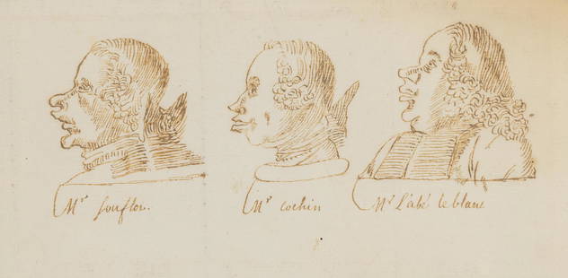 Follower of Pier Leone Ghezzi Jacques-Germain Soufflot, Charles-Nicolas Cochin and Jean Bernard,: Follower of Pier Leone Ghezzi Jacques-Germain Soufflot, Charles-Nicolas Cochin and Jean Bernard, abbe Le Blanc:Three caricature heads Inscribed with the names of the subjects under each head Ink on