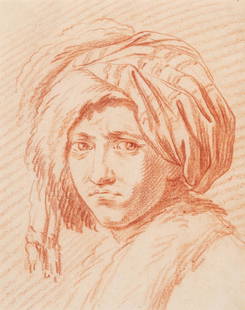 Attributed to Jean Baptiste Le Prince A Man in a Turban: Attributed to Jean Baptiste Le Prince A Man in a Turban Red chalk on beige paper 6 7/8 x 5 3/4 inches (17.5 x 14.7 cm) Provenance: Mortimer Brandt, New York and London. until 1993 The Estate of Mortim