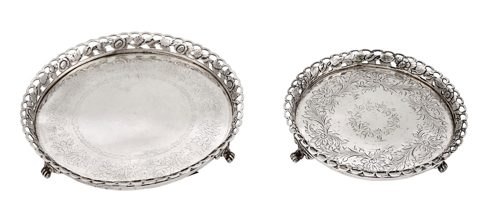 Two Portuguese Silver Galleried Waiters: Two Portuguese Silver Galleried Waiters 19th Century Each circular with openwork floral rim, raised on three winged paw feet. Diameters 6 1/2 inches (16.5 cm) and 8 inches (20.4 cm), total approximate