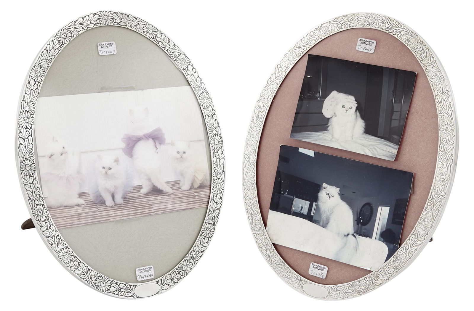 Near Pair of Tiffany & Co. Sterling Silver Picture Frames: Near Pair of Tiffany & Co. Sterling Silver Picture Frames 1907-1938 Oval with acid etched floral border, each with a wooden back. Height 11 1/2 inches, width 8 1/2 inches. C The Alice Kwartler Collect