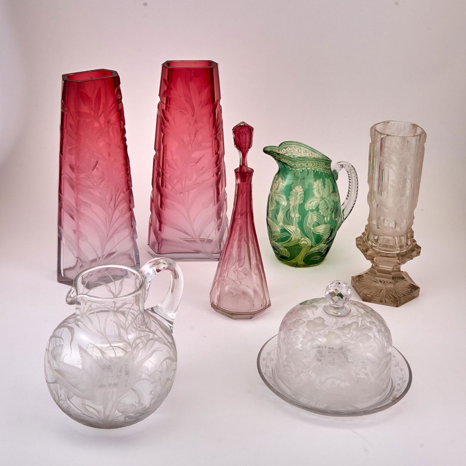 Group of Wheel Engraved Glass Table Articles with Natural Motifs (1 of 3)