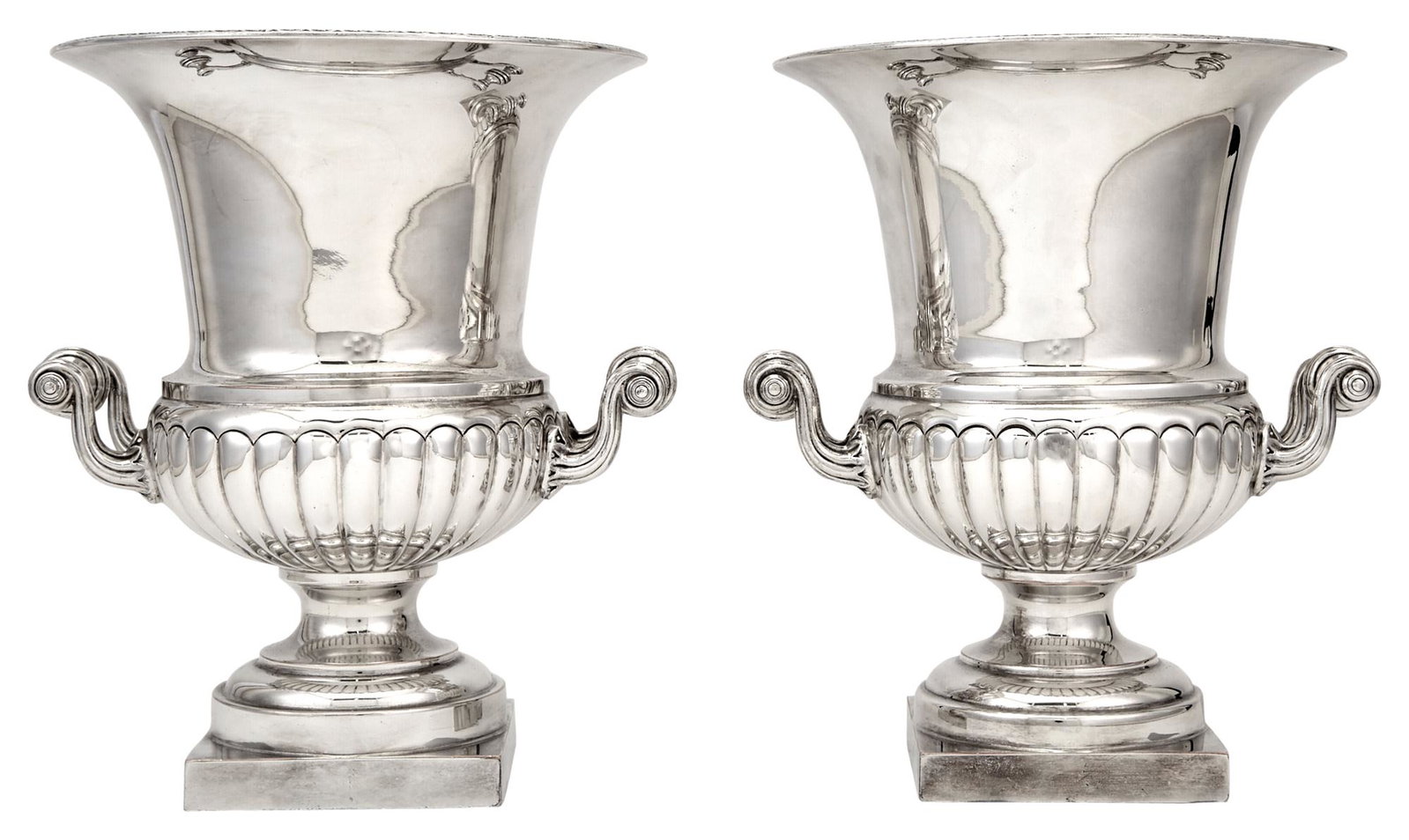 Pair of American Silver Plated Wine Coolers: Pair of American Silver Plated Wine Coolers 20th Century Each campana-form with part fluted body, on square pedestal base. Height 10 1/2 inches. C The Alice Kwartler Collection
