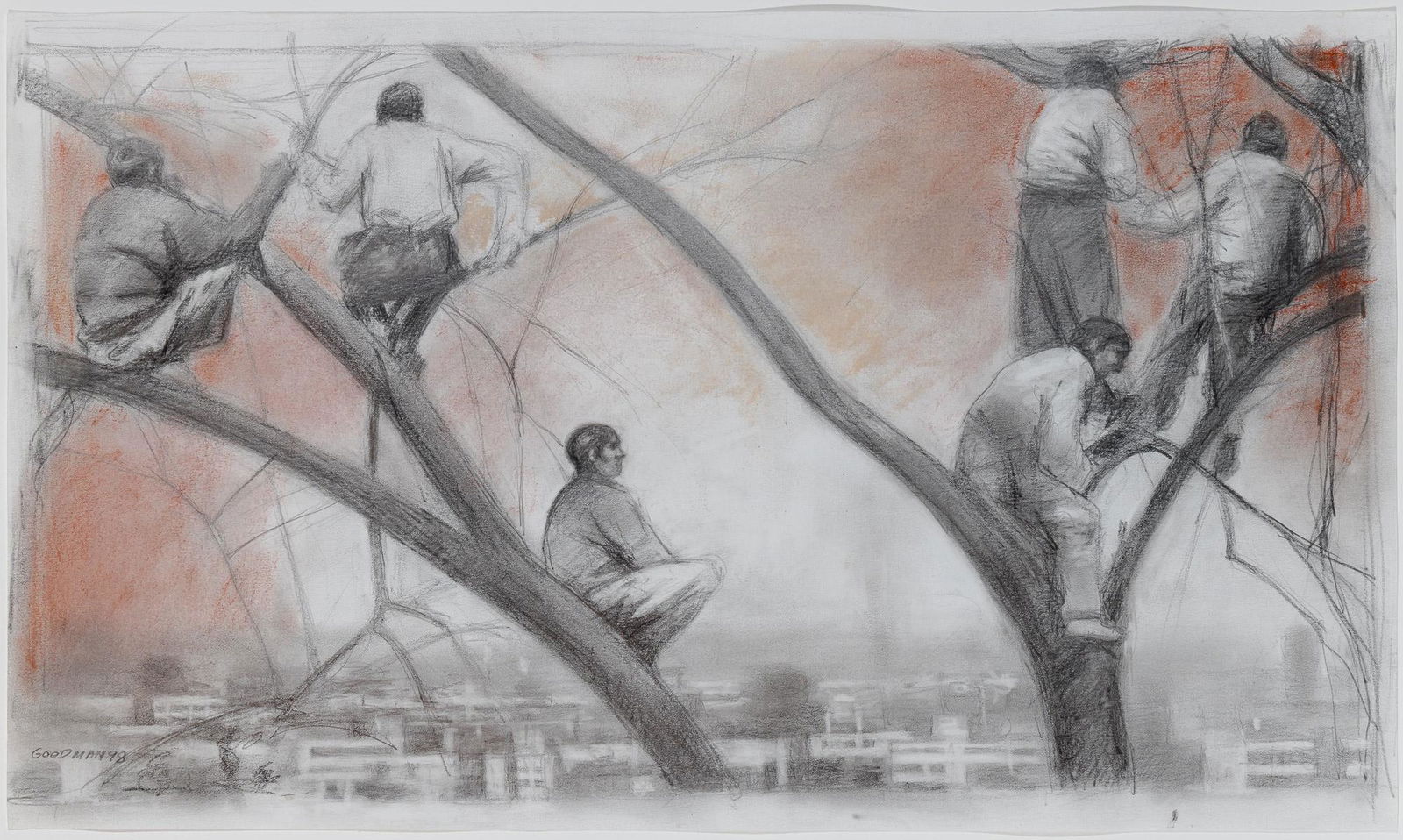 Sidney Goodman American, 1936-2013 Boys in Trees, 1998: Sidney Goodman American, 1936-2013 Boys in Trees, 1998 Signed and dated Goodman '98 (ll) Pastel and charcoal on paper 13 1/4 x 22 1/2 inches (33.7 x 57.2 cm) Provenance: ACA Galleries, New York Seraph
