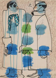 Raymond Moretti French, 1931-2005 Harlequin and Pierrot, 1959: Raymond Moretti French, 1931-2005 Harlequin and Pierrot, 1959 Signed and dated Moretti 59 (lr) Gouache and mixed media on paper 29 3/4 x 22 1/4 inches (75.6 x 56.5 cm) Provenance: Madge & A.E. Goldsch