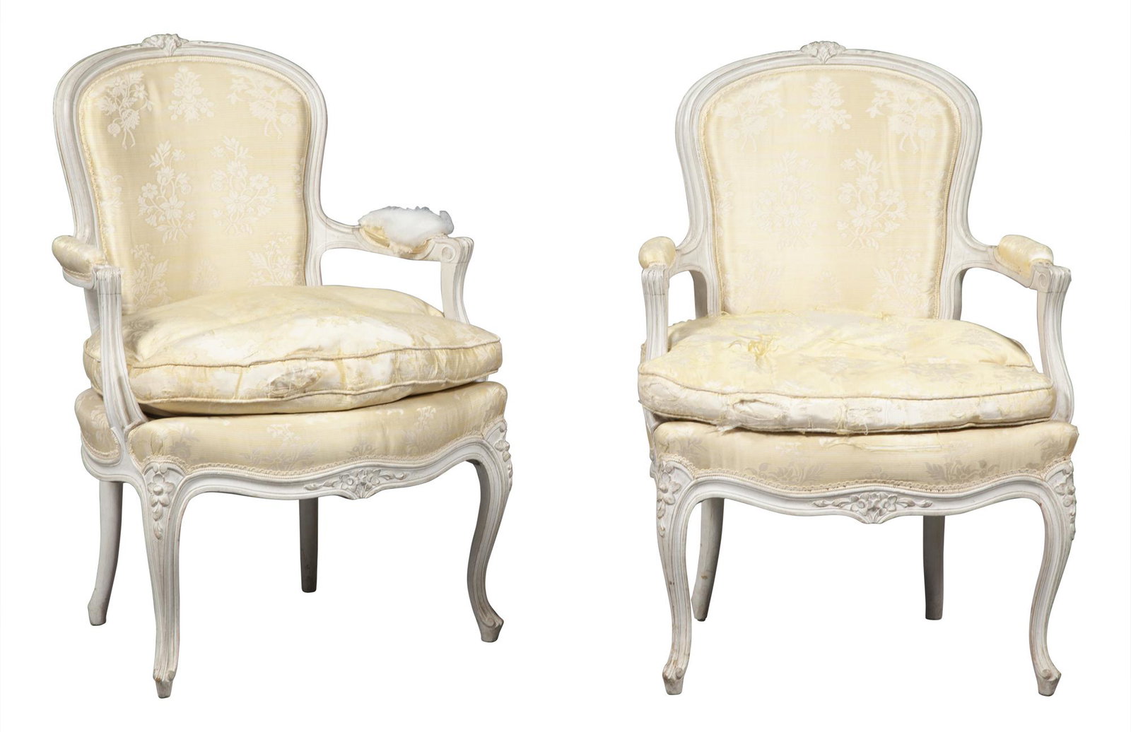 Pair of Louis XV Style Upholstered Painted Fauteuils: Pair of Louis XV Style Upholstered Painted Fauteuils Height 34 1/4 inches, width 24 inches, depth of seat 18 inches. C The Estate of a European Collector
