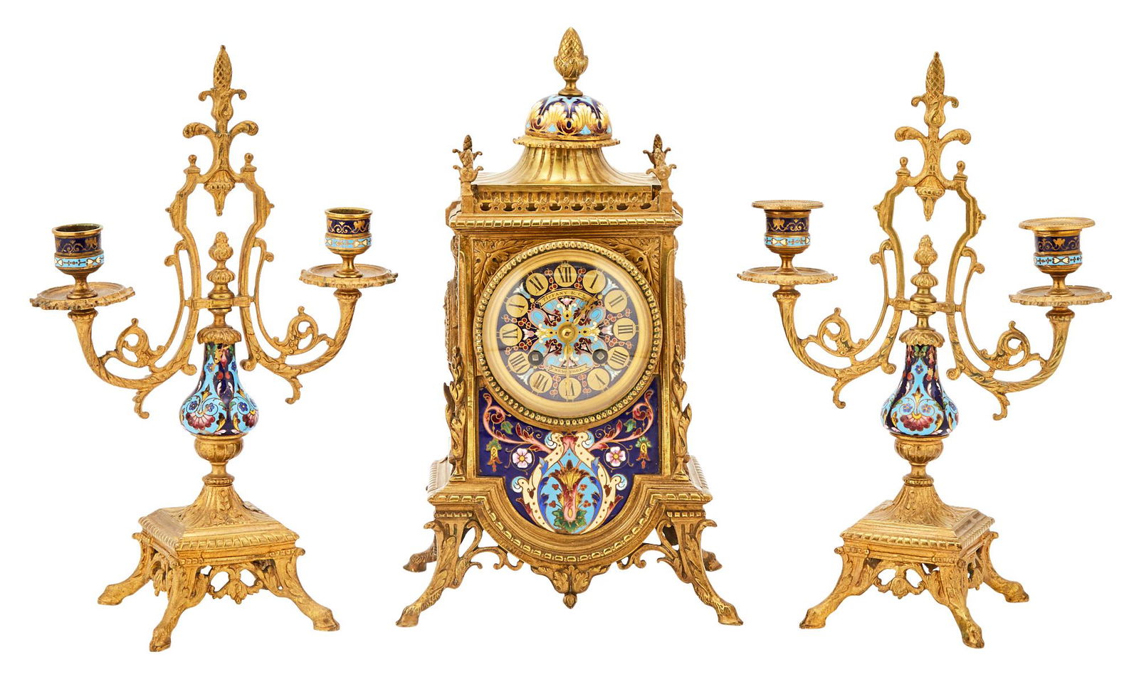 Louis XVI Style Bronze and Champlevé Enamel Three-Piece Clock Garniture (1 of 3)