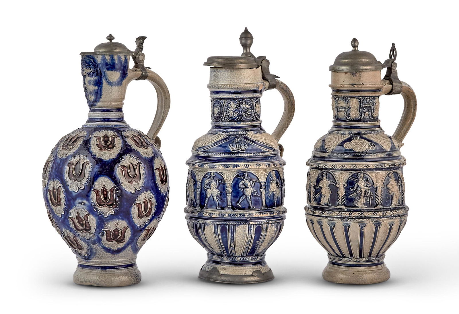 Three German Pewter-Mounted Salt-Glazed Stoneware Ewers (1 of 3)