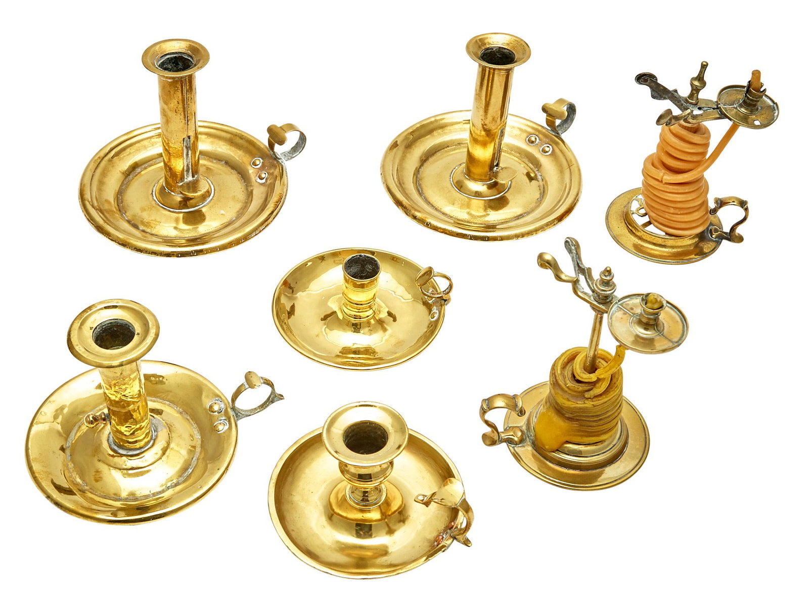 Group of Seven Brass Chambersticks and Wax Jacks (1 of 3)