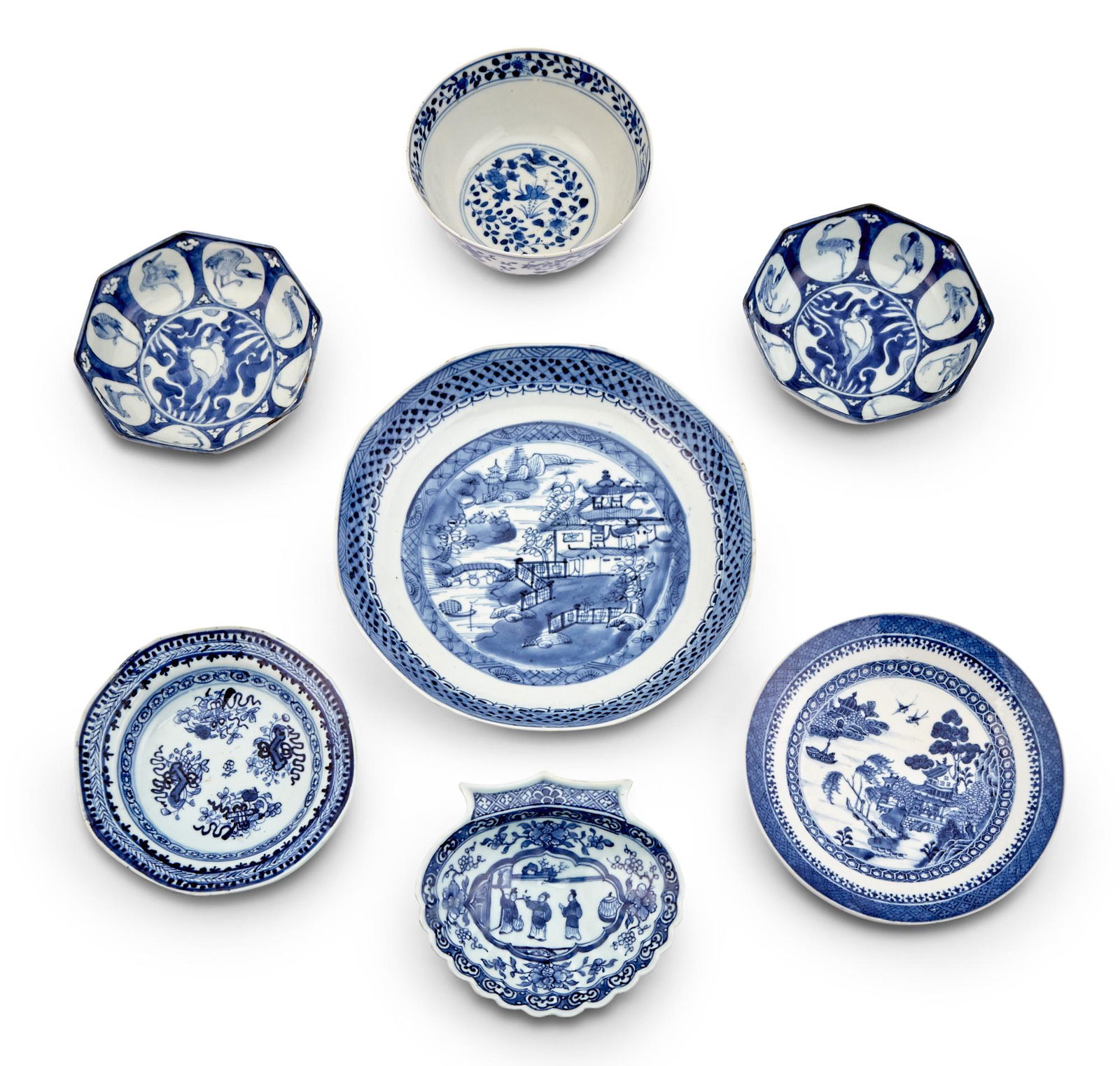 Seven Chinese Export Porcelain Blue and White Table Articles (1 of 3)
