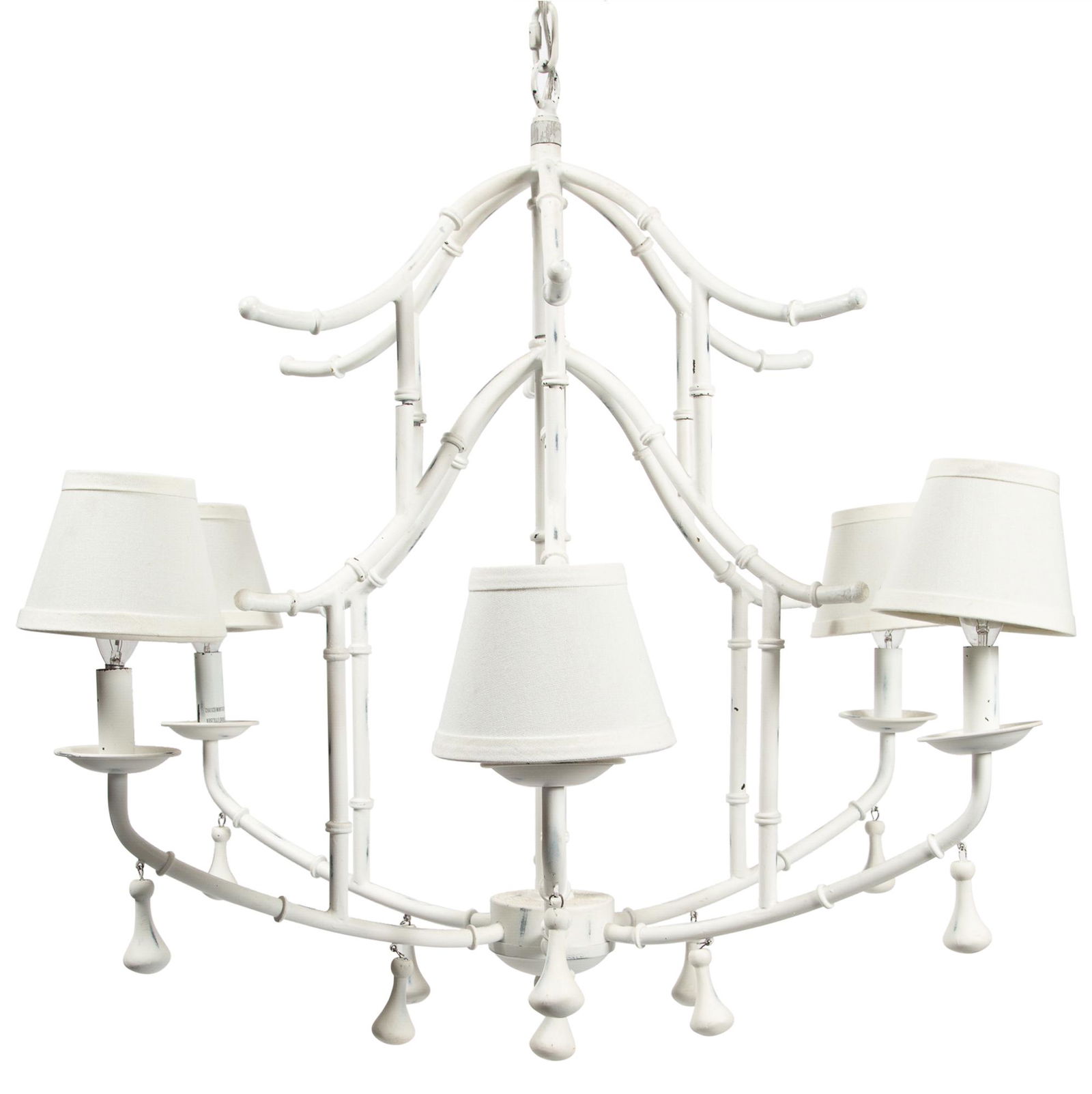 Faux Bamboo White Painted Metal Six-Light Chandelier Height 25 inches, diameter 28 inches. (1 of 4)