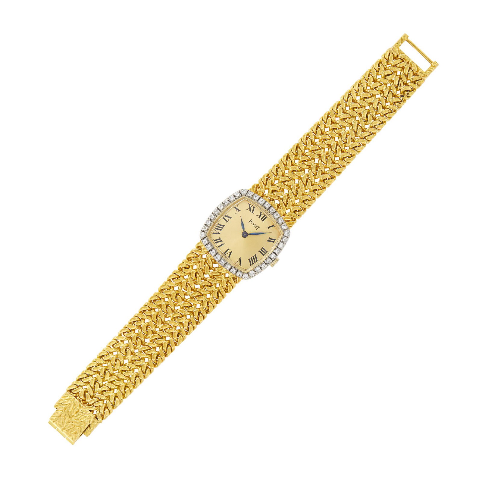 Piaget Gold and Diamond Wristwatch, Ref. 9236: Piaget Gold and Diamond Wristwatch, Ref. 9236 18 kt., mechanical, cushion-shaped brushed gold-tone dial, black Roman numerals, 36 round diamonds ap. .90 ct., acrylic crystal, dia. ap. 23 mm., braided
