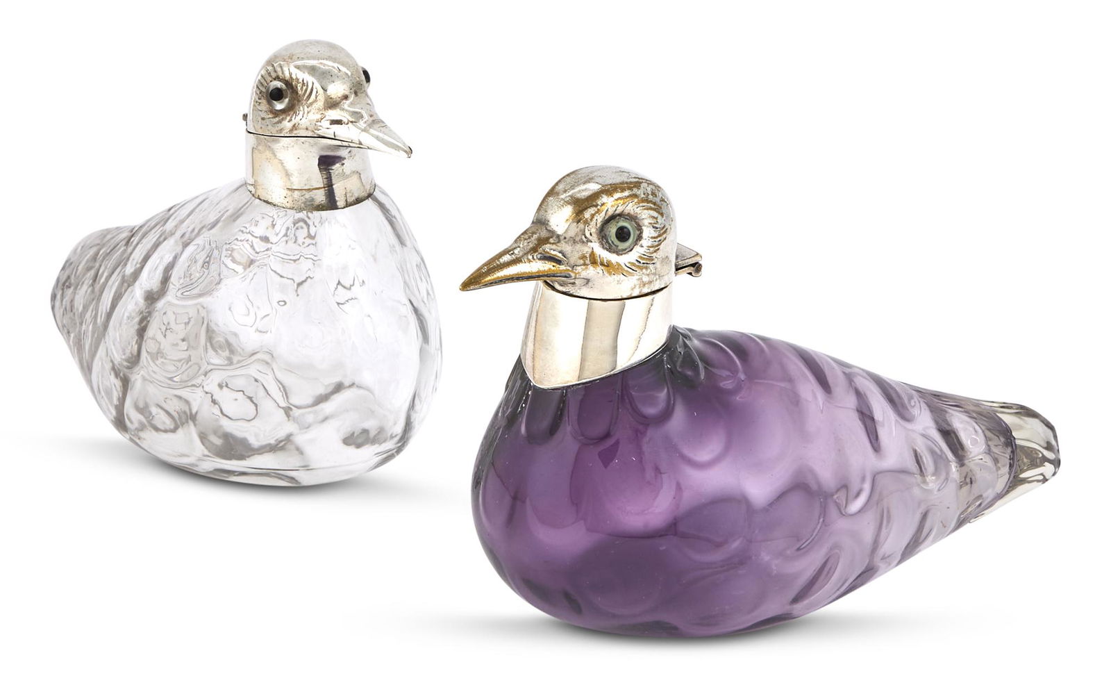 Assembled Pair of Continental Silver Plate Mounted Glass Dove Form Decanters (1 of 3)