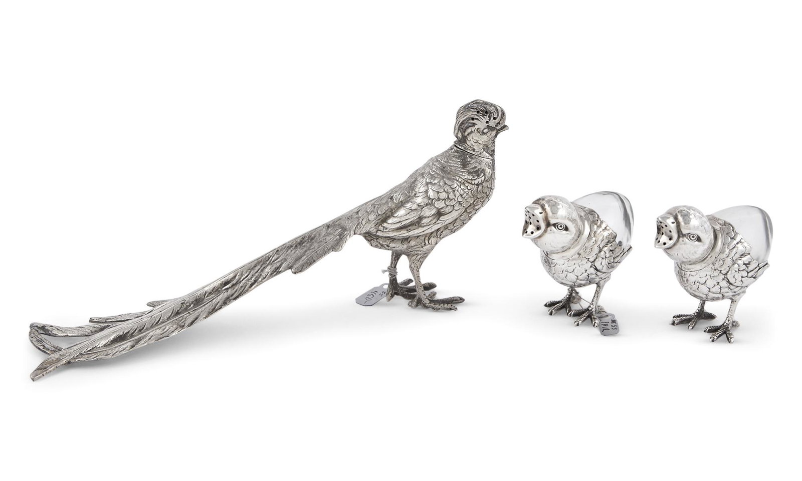 Continental Silver Figure of a Pheasant and Pair of Continental Silver and Glass Chick Form Casters (1 of 4)