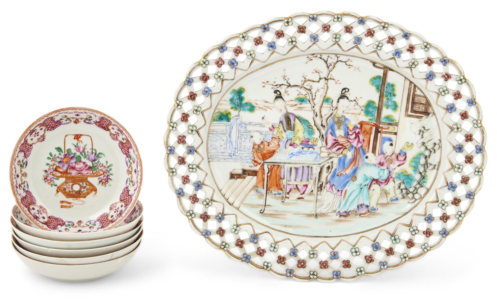 Chinese Export Porcelain Basket Stand; Together with Six Chinese Export Porcelain Famille Rose (1 of 4)