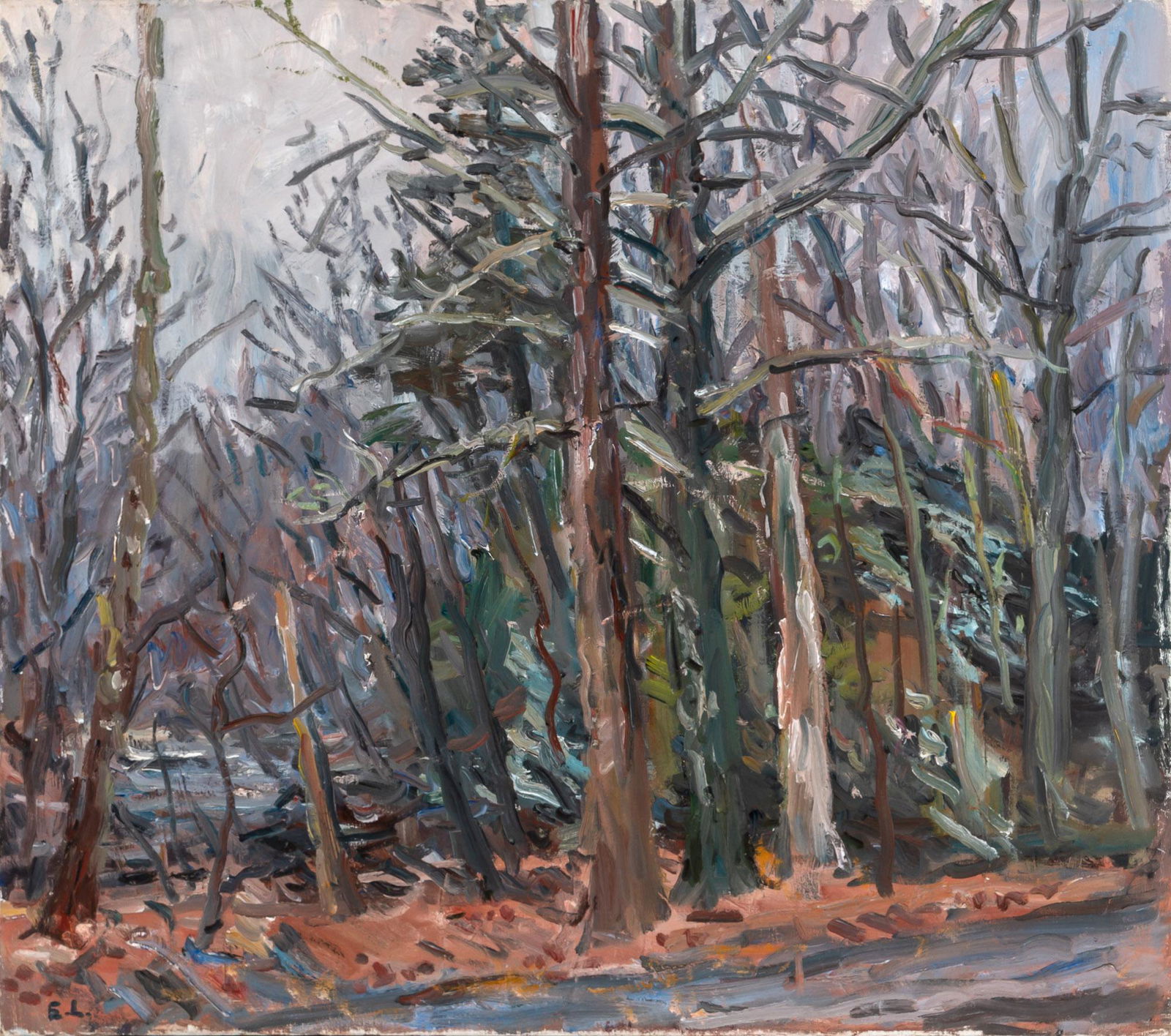 Eugene Leake American, 1911-2005 Winter Grey - Blue Mount, 1989: Eugene Leake American, 1911-2005 Winter Grey - Blue Mount, 1989 Signed with initials E. L. (ll); signed Eugene Leake, dated 1989 and inscribed as titled on the reverse Oil on canvas 25 x 28 1/8 inches