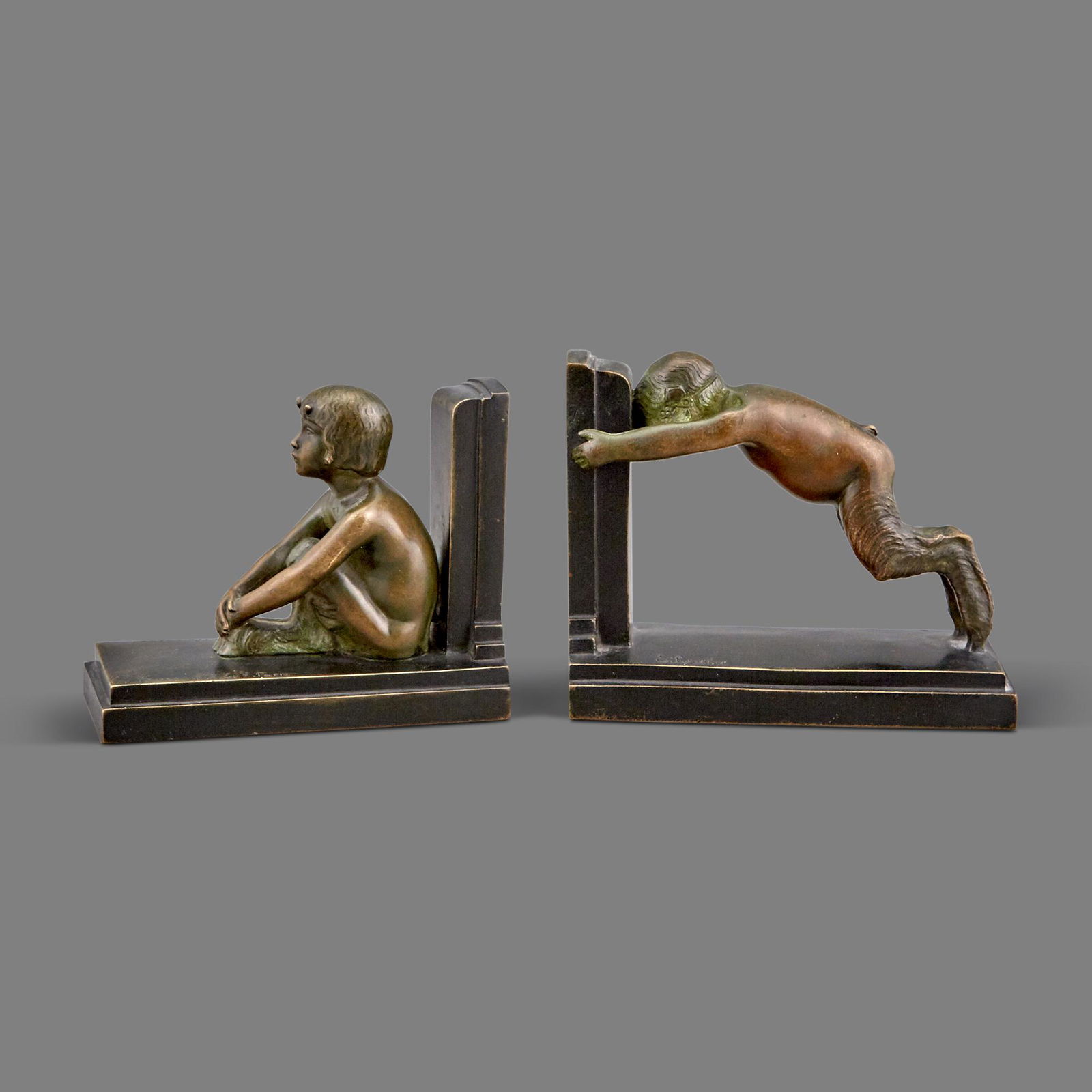 Paul Silvestre French, 1884-1976 Pair of Bronze Faun Bookends, circa 1920 (1 of 6)