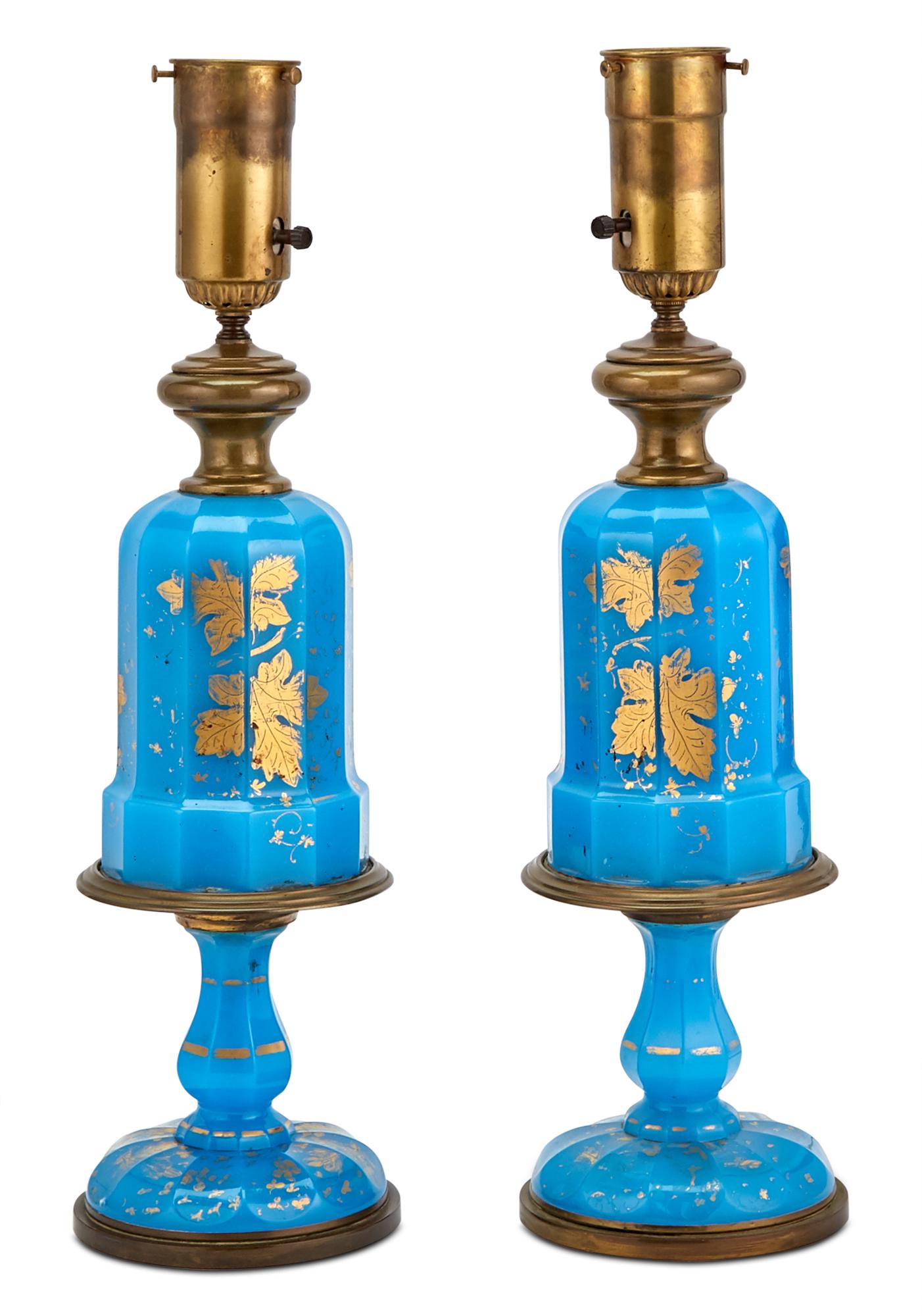 Pair of Blue Opaline Glass Lamps: Pair of Blue Opaline Glass Lamps Height 28 inches. C