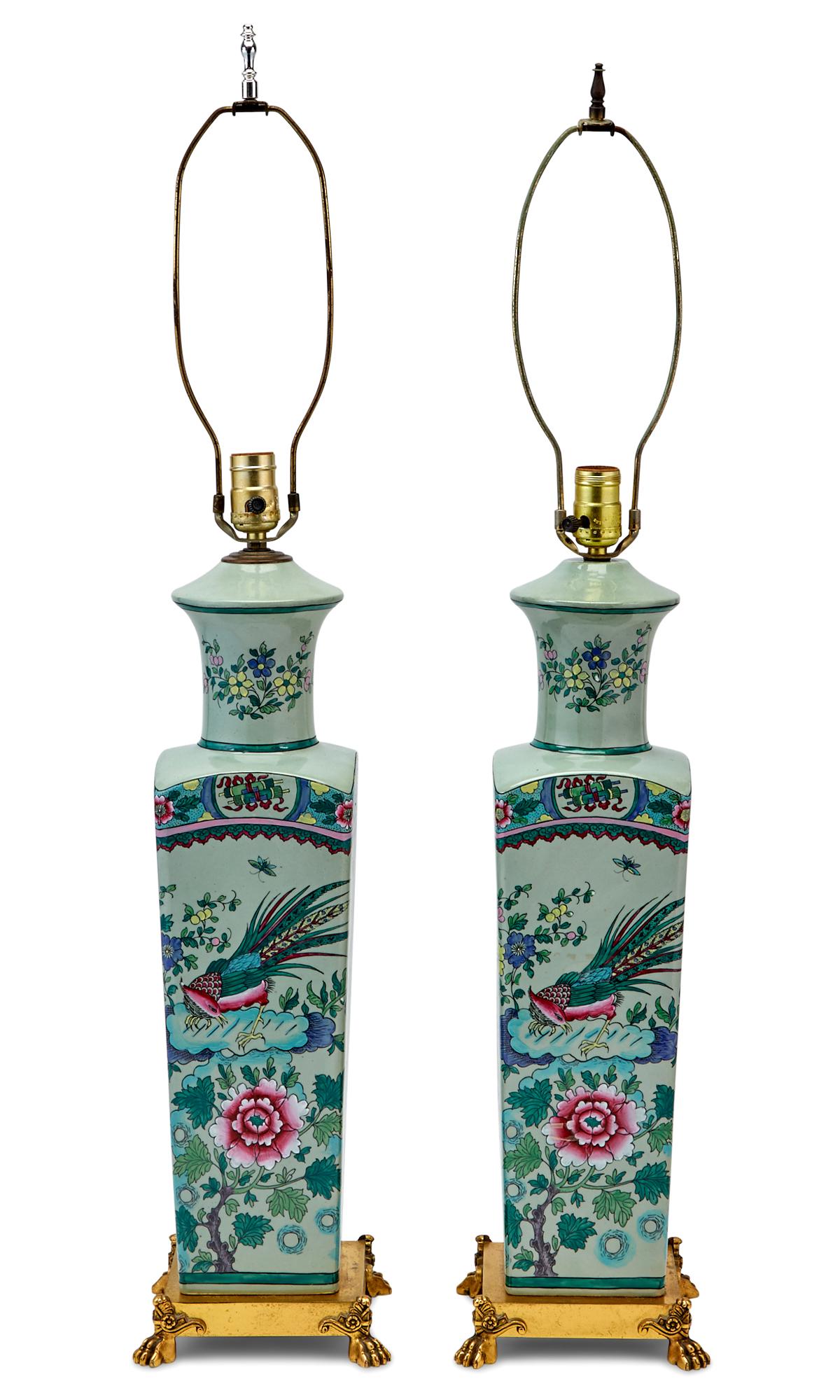 Pair of Chinese Style Porcelain Lamps: Pair of Chinese Style Porcelain Lamps On gilt-metal bases. Height 19 1/4 inches. C