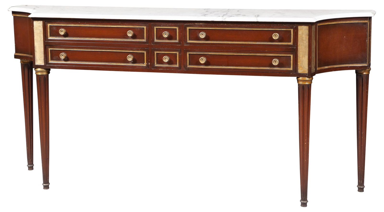 Directore Style Marble Top Gilt-Metal Mounted Mahogany Sideboard: Directore Style Marble Top Gilt-Metal Mounted Mahogany Sideboard Height 37 1/4 inches, width 6 feet 5 1/2 inches, depth 17 1/4 inches. C