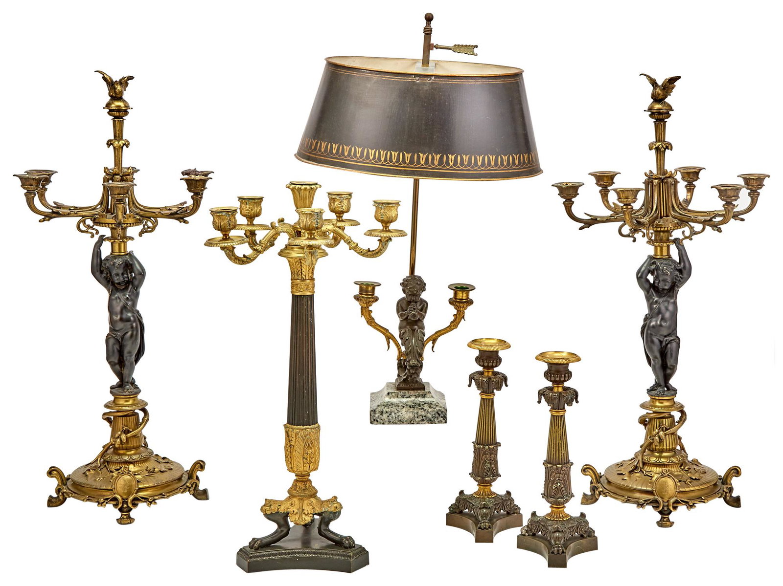 Group of Empire Style Patinated Bronze and Gilt-Metal Candlesticks, Candelabra, etc. (1 of 3)