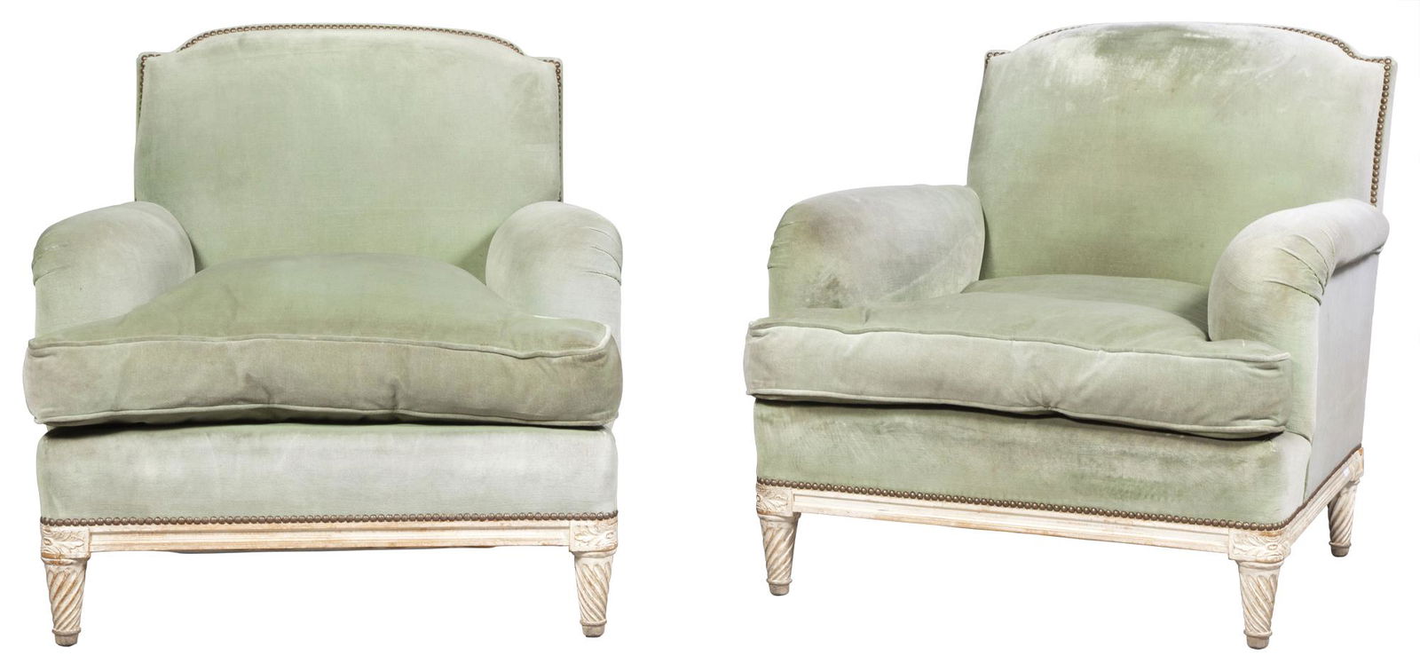 Pair of Louis XVI Style Green Velvet Upholstered Club Chairs (1 of 4)