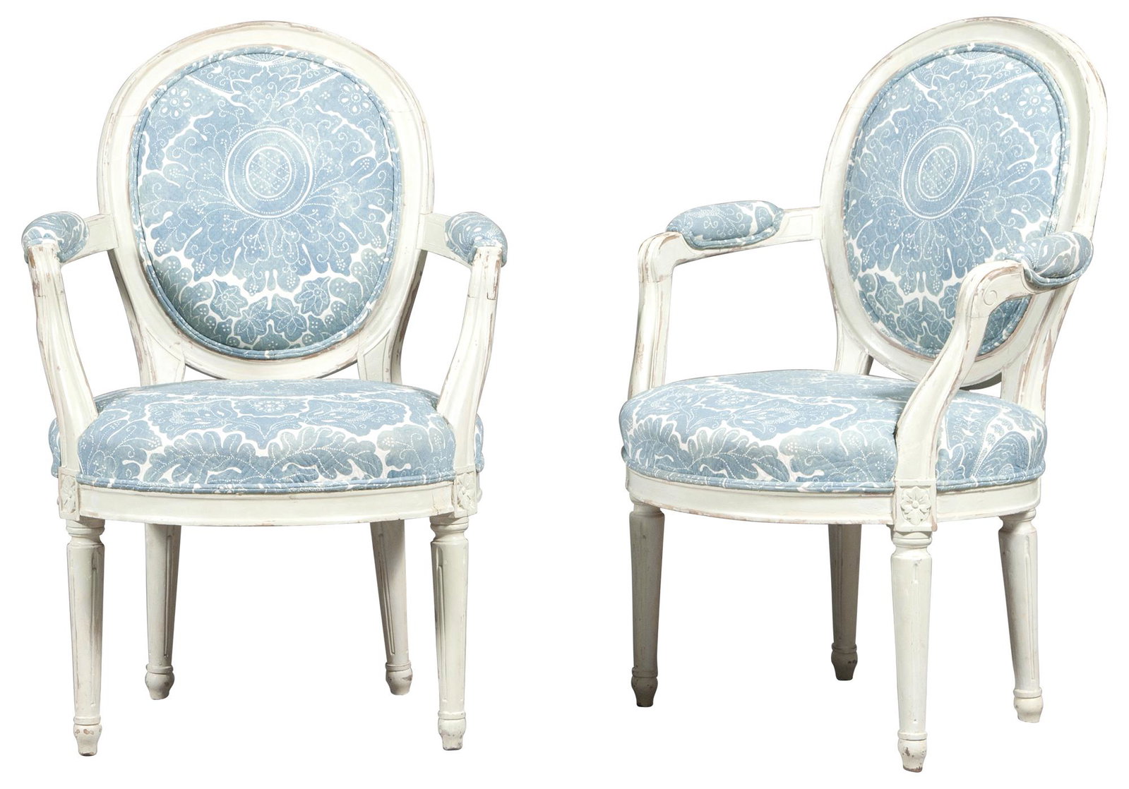 Pair of Swedish Upholstered Painted Wood Armchairs: Pair of Swedish Upholstered Painted Wood Armchairs Height 36 inches, width 24 inches, depth of seat 18 inches. C Collection from a North Shore Residence Decorated by Stephen Sills