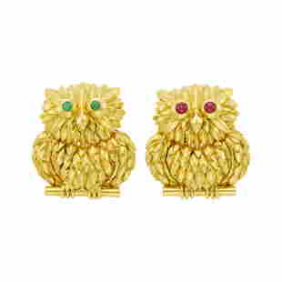 Tiffany & Co. Pair of Gold, Cabochon Emerald and Ruby Owl Brooches: Tiffany & Co. Pair of Gold, Cabochon Emerald and Ruby Owl Brooches 18 kt., 2 round cabochon ruby and 2 round cabochon emerald eyes, both signed Tiffany & Co., Italy, ap. 22.7 dwts. C The Alice Kwartle
