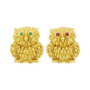 Tiffany & Co. Pair of Gold, Cabochon Emerald and Ruby Owl Brooches: Tiffany & Co. Pair of Gold, Cabochon Emerald and Ruby Owl Brooches 18 kt., 2 round cabochon ruby and 2 round cabochon emerald eyes, both signed Tiffany & Co., Italy, ap. 22.7 dwts. C The Alice Kwartle