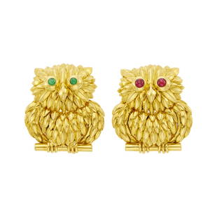 Tiffany & Co. Pair of Gold, Cabochon Emerald and Ruby Owl Brooches: Tiffany & Co. Pair of Gold, Cabochon Emerald and Ruby Owl Brooches 18 kt., 2 round cabochon ruby and 2 round cabochon emerald eyes, both signed Tiffany & Co., Italy, ap. 22.7 dwts. C The Alice