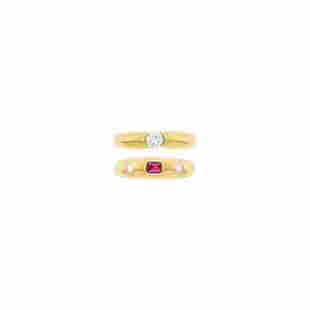 Cartier Gold and Diamond Ring and Van Cleef & Arpels Gold, Ruby and Diamond Ring: Cartier Gold and Diamond Ring and Van Cleef & Arpels Gold, Ruby and Diamond Ring 18 kt., one round diamond ap. .30 ct., signed Cartier, 1995, no. 22HG0.30, one emerld-cut ruby ap. .15 ct., 2 round dia
