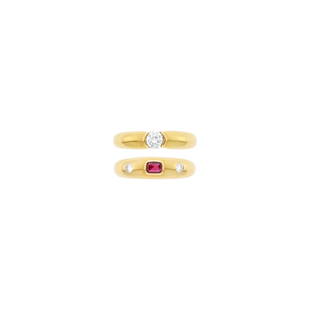 Cartier Gold and Diamond Ring and Van Cleef & Arpels Gold, Ruby and Diamond Ring: Cartier Gold and Diamond Ring and Van Cleef & Arpels Gold, Ruby and Diamond Ring 18 kt., one round diamond ap. .30 ct., signed Cartier, 1995, no. 22HG0.30, one emerld-cut ruby ap. .15 ct., 2 round dia
