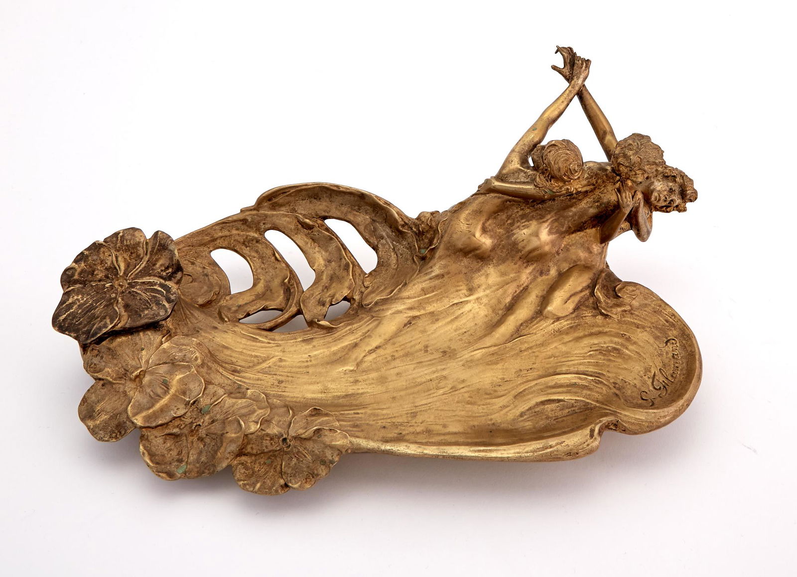 French Art Nouveau Gilt-Bronze Figural Inkstand: French Art Nouveau Gilt-Bronze Figural Inkstand Cast from a model by Georges Flamand, circa 1905 In the form of three sirens swept up in the water, with a concealed inkwell with a blossom-form hinged