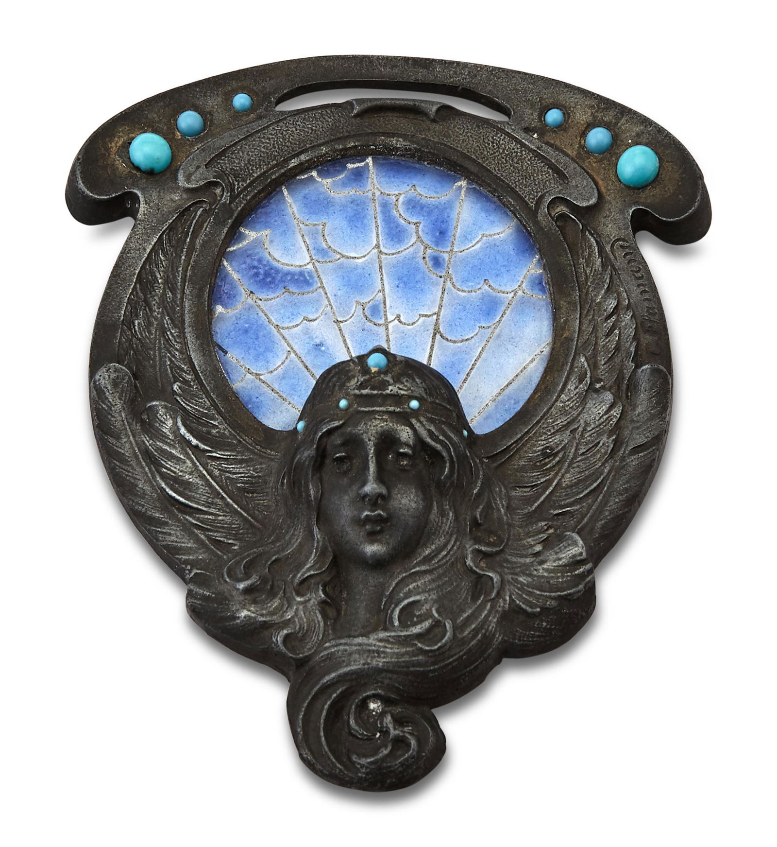 French Art Nouveau Pewter and Enameled Glass Figural Sun Catcher: French Art Nouveau Pewter and Enameled Glass Figural Sun Catcher Cast from a model by Georges Flamand, circa 1900 In the form of a winged female bust, decorated with turquoise colored glass 'jewels,'
