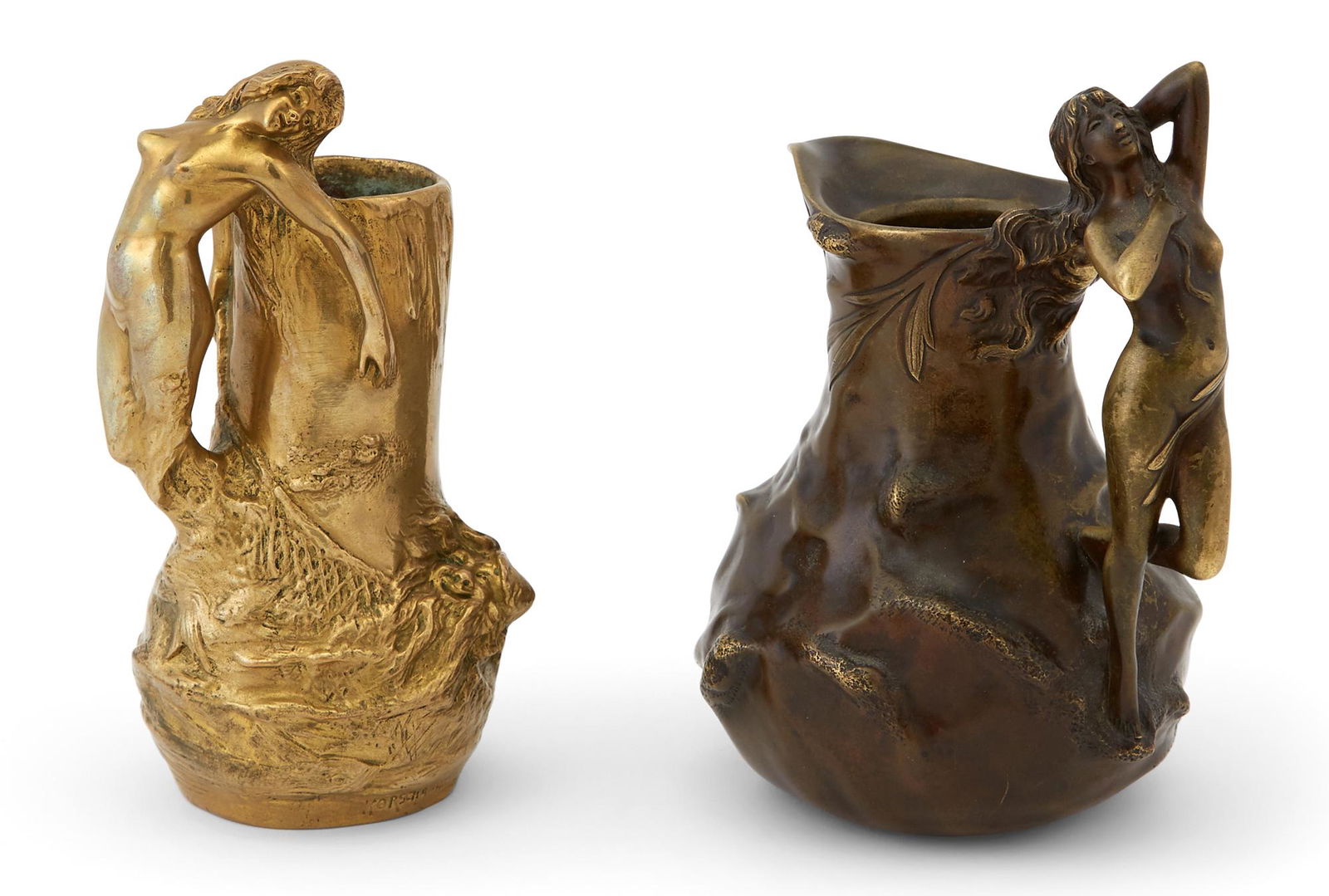 French Art Nouveau Patinated Bronze Figural Jug; Together With a Czechoslovakian Art Nouveau: French Art Nouveau Patinated Bronze Figural Jug Cast from a model by Jean Garnier, circa 1900 Of bulbous form, the handle cast as a nude standing woman, inscribed J. Garnier, height 7 inches; Together