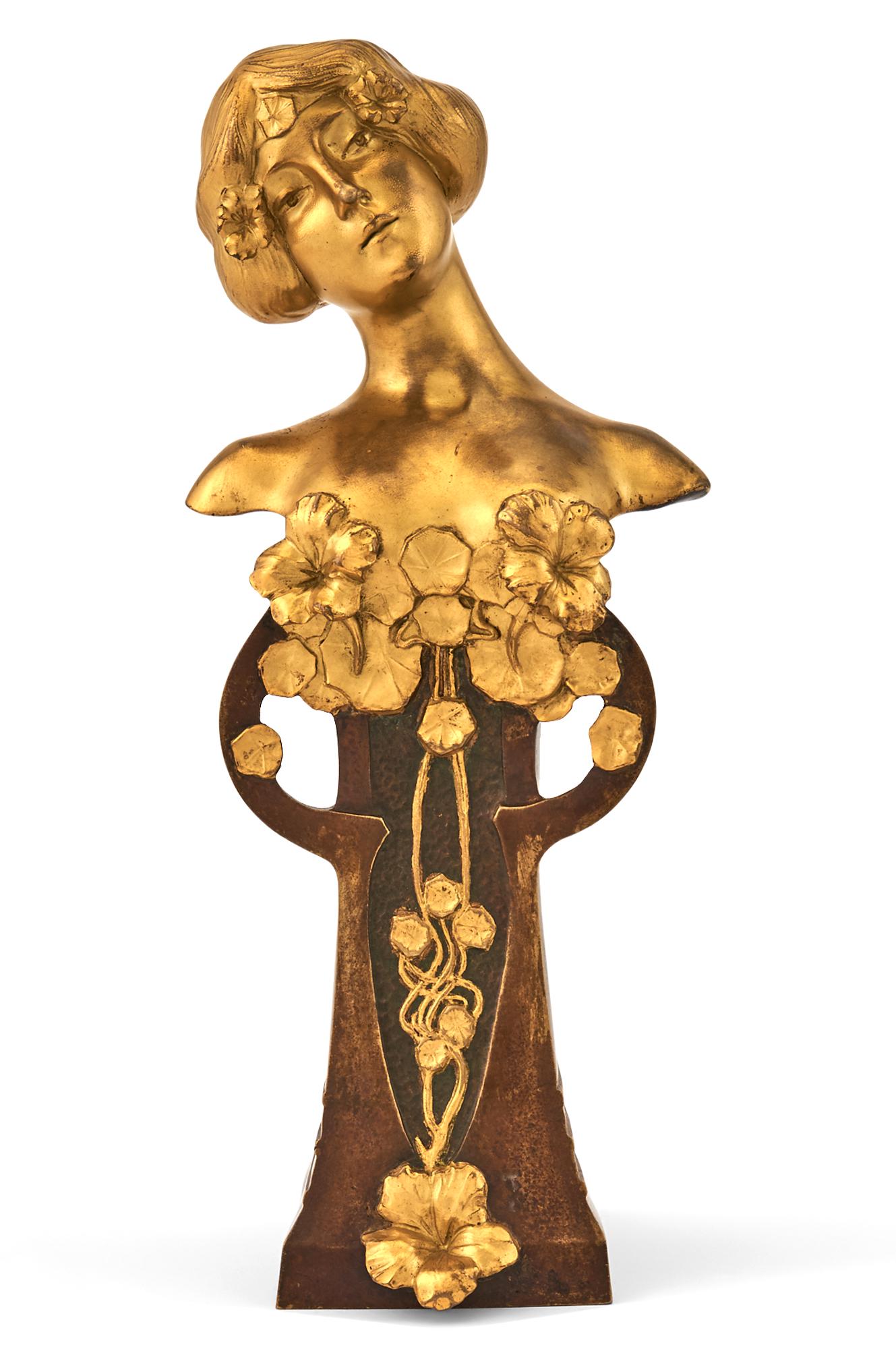 Czechoslovakian Art Nouveau Gilt and Patinated Bronze Bust of a Maiden (1 of 6)