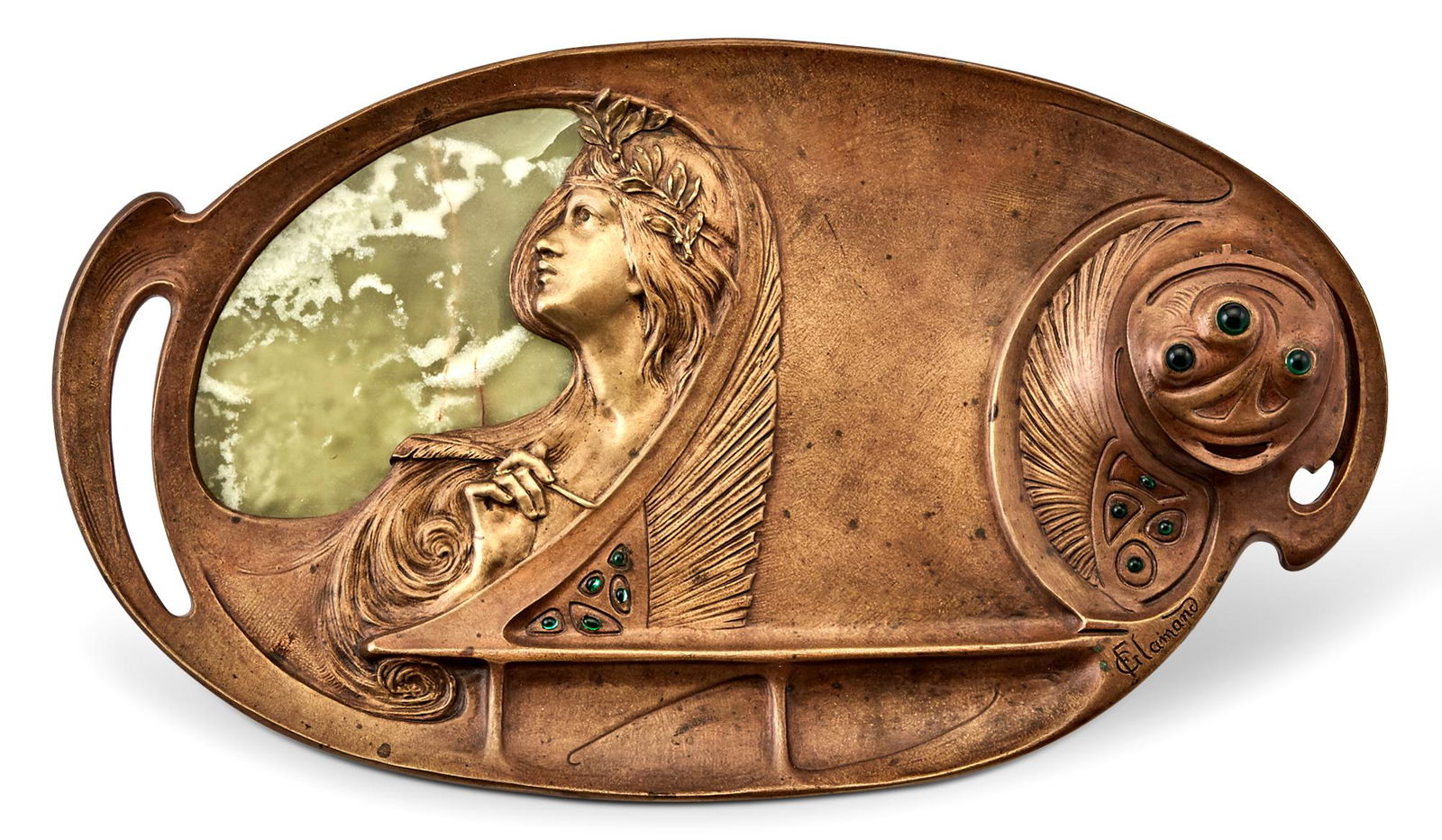 French Art Nouveau Patinated Bronze, Glass and Green Onyx Inkstand: French Art Nouveau Patinated Bronze, Glass and Green Onyx Inkstand Cast from a model by Georges Flamand, circa 1900 Of oval tray form, with pierced handles, incorporating a portrait relief of a maiden