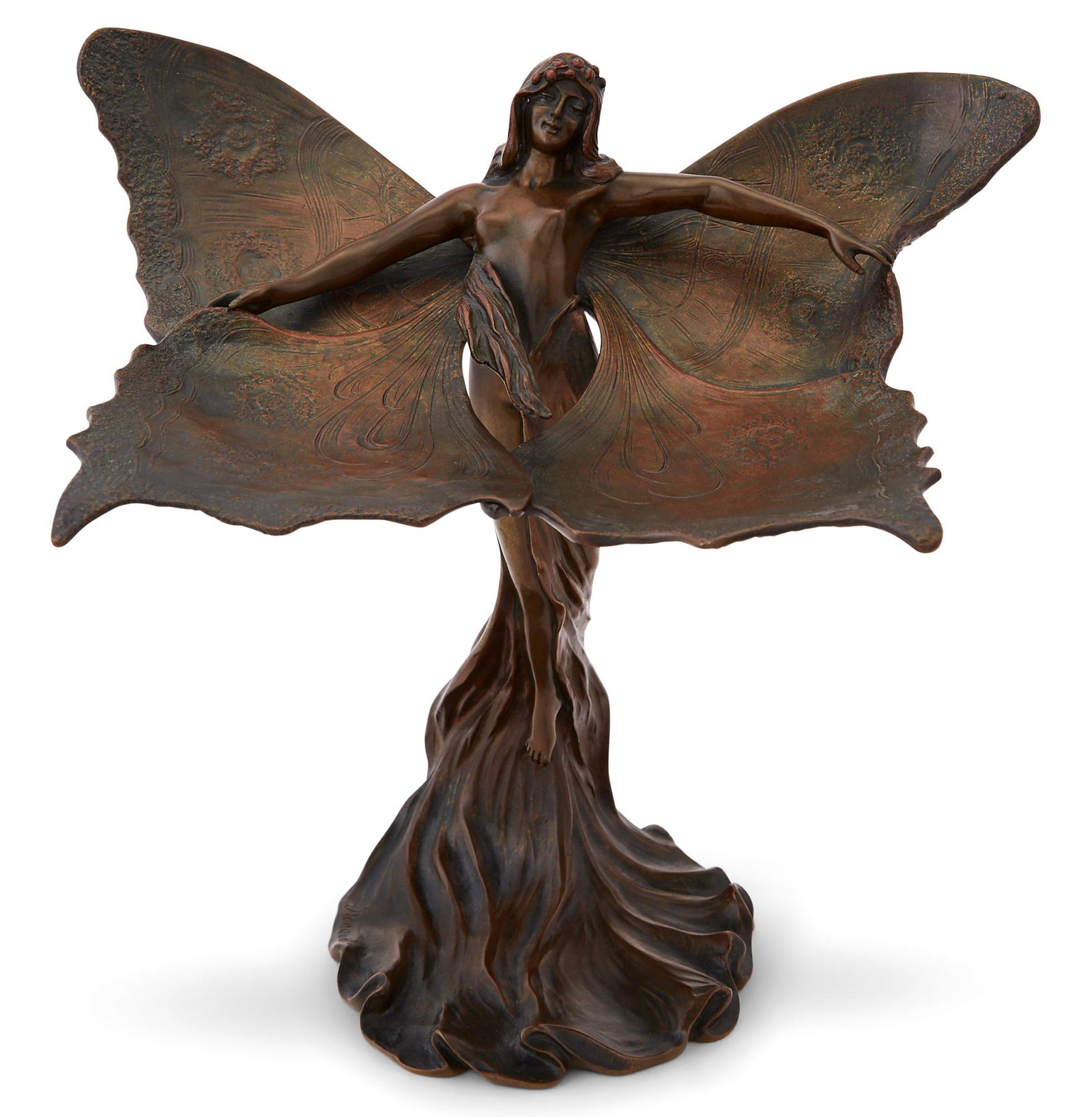 French Art Nouveau Patinated Bronze Figure of a Butterfly Woman: French Art Nouveau Patinated Bronze Figure of a Butterfly Woman Cast from a model by Francis Renaud, circa 1901 Modeled in a standing pose, semi-nude, with butterfly wings, inscribed Renaud. Height 10