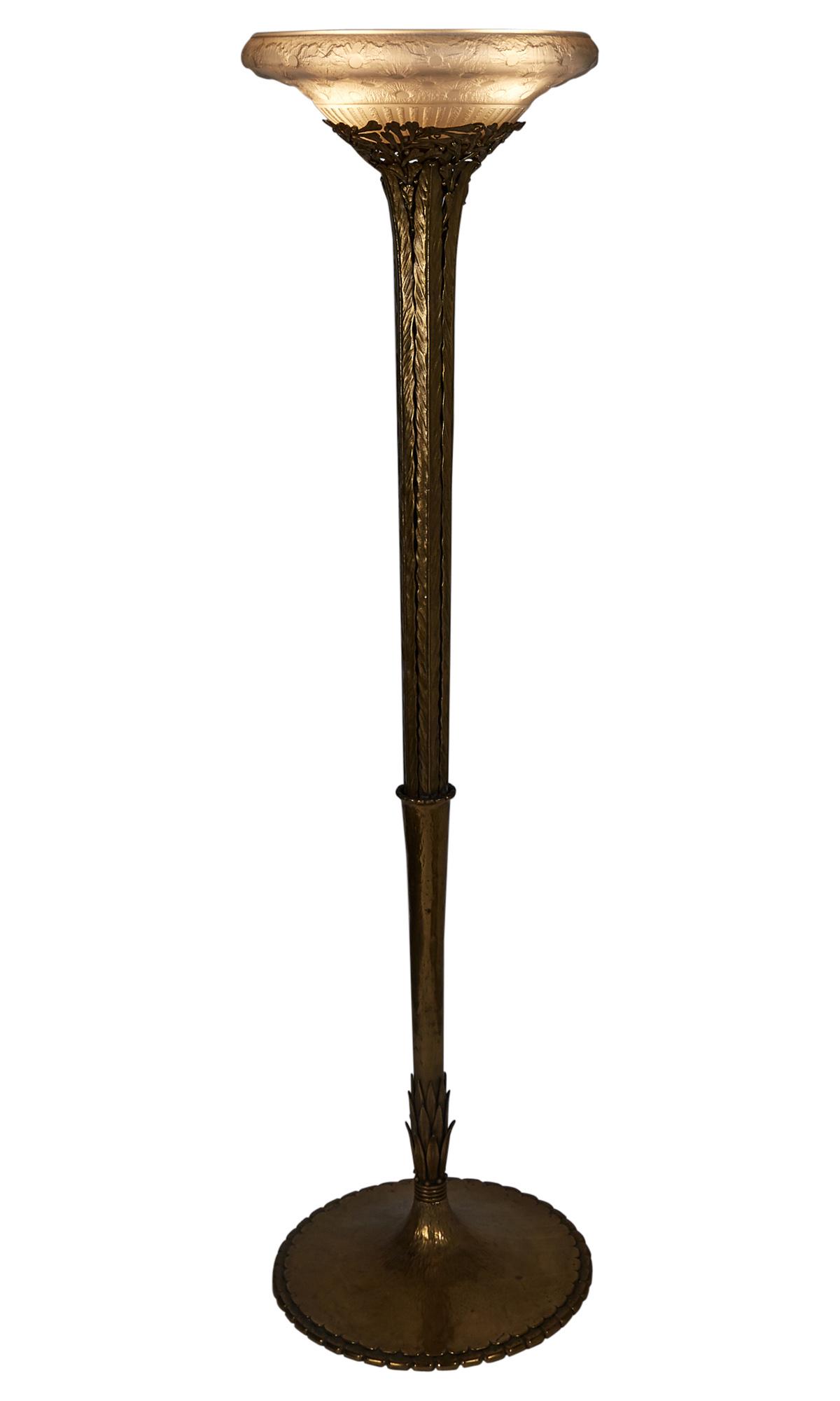 Louis Katona and Daum Art Deco Gilt-Iron and Acid-Etched Glass Floor Lamp (1 of 10)