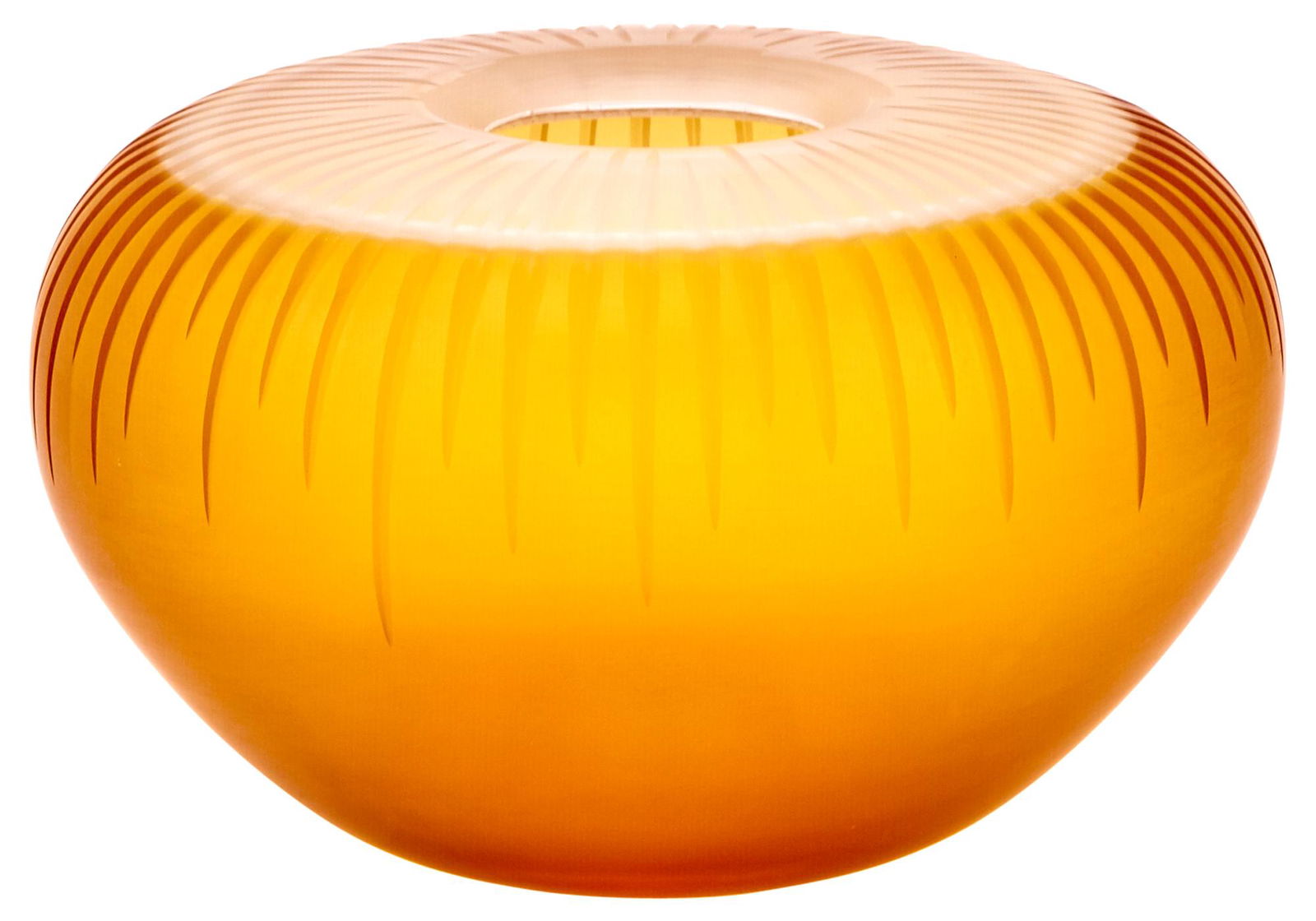 Giorgio Vigna for Venini Blown and Cut Glass Vase: Giorgio Vigna for Venini Blown and Cut Glass Vase From the Fonte series, 1998 Of compressed globular form, in transparent amber and colorless glass, signed, dated, and with company label. Height 5 5/8