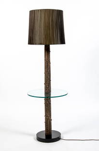 Lee Rosen for Design-Technics Mid-Century Style Ceramic and Glass Arboreal Floor Lamp: Lee Rosen for Design-Technics Mid-Century Style Ceramic and Glass Arboreal Floor Lamp Circa 1965 Of divided tree trunk form, decorated with a faux tree bark texture and protruding thorns, with a circu