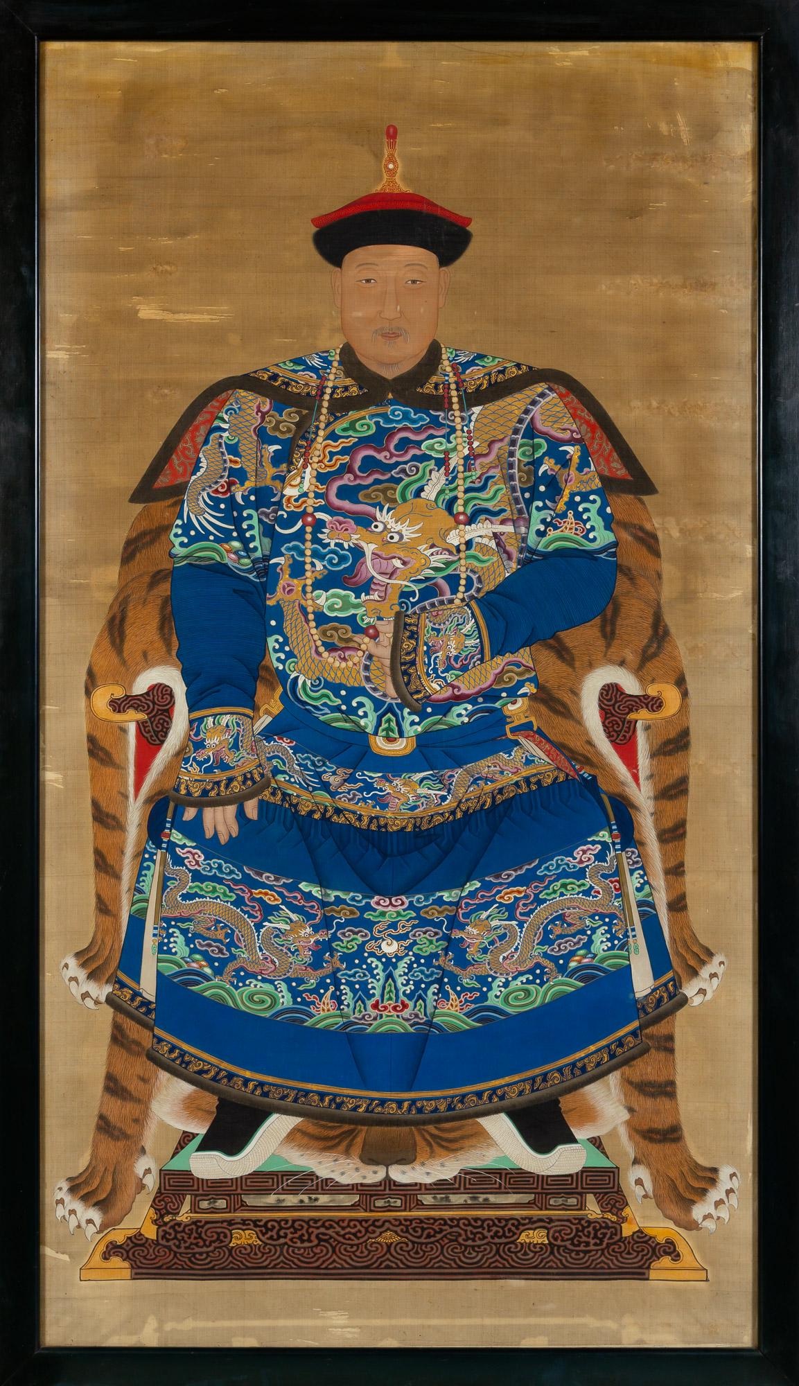 A Chinese Portrait of a Qing Courtier in Dragon Robe Sight Height 60 3/4 ": A Chinese Portrait of a Qing Courtier in Dragon Robe 19th century Ink and color on silk; depicting a seated figure in formal dragon robe; framed. Sight Height 60 3/4 inches C