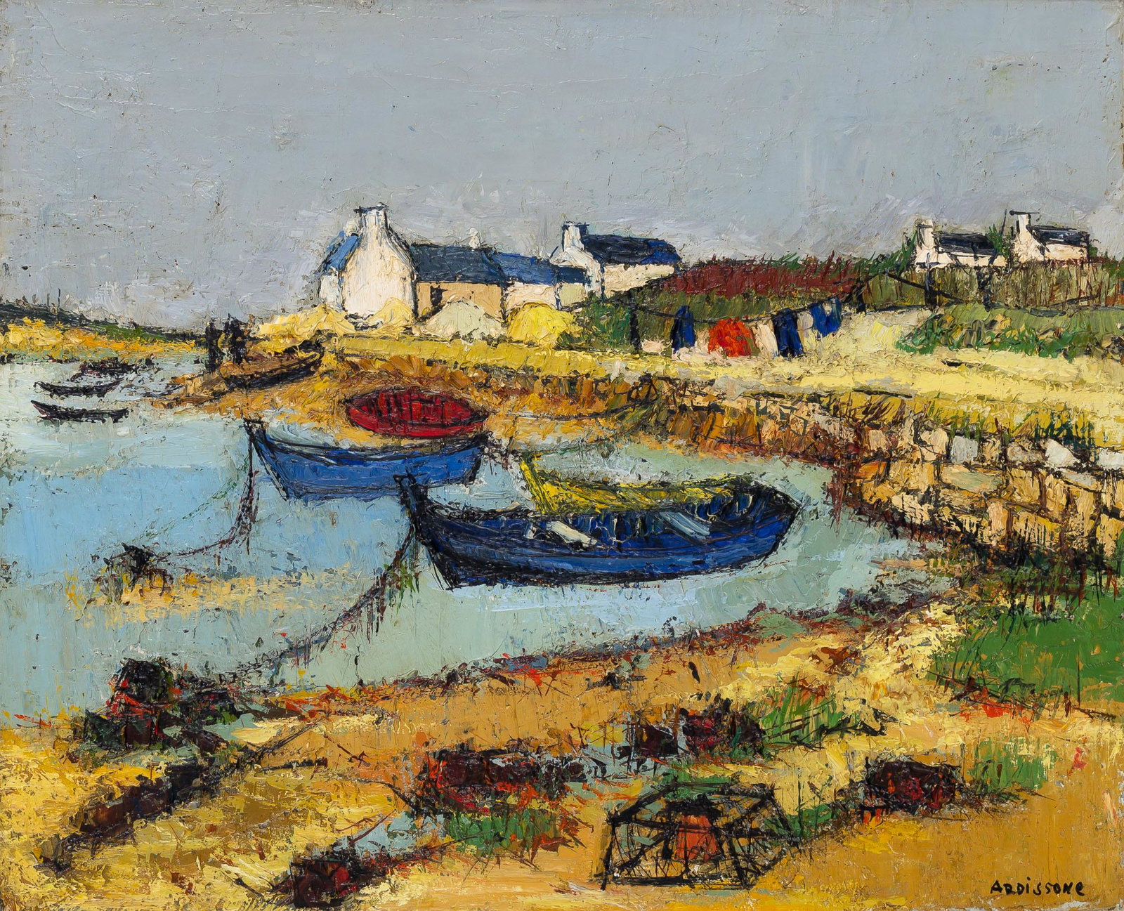 Yolande Ardissone French, b. 1927 Bateaux a Carnac: Yolande Ardissone French, b. 1927 Bateaux a Carnac Signed Ardissone (lr); further signed and variously inscribed on the stretcher Oil on canvas 19 3/4 x 24 inches (50.2 x 61 cm) C